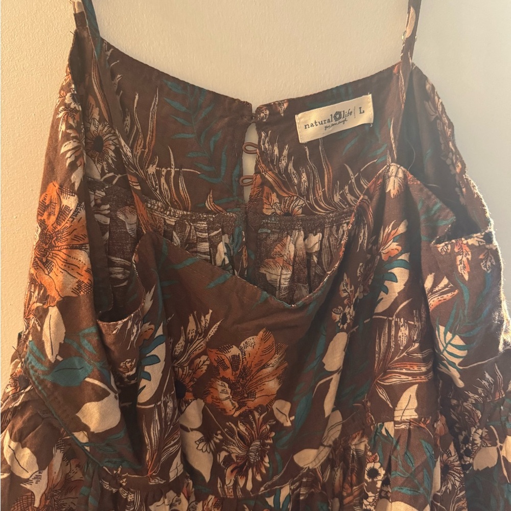 Natural Life Floral Brown and Teal Dress, Size Large